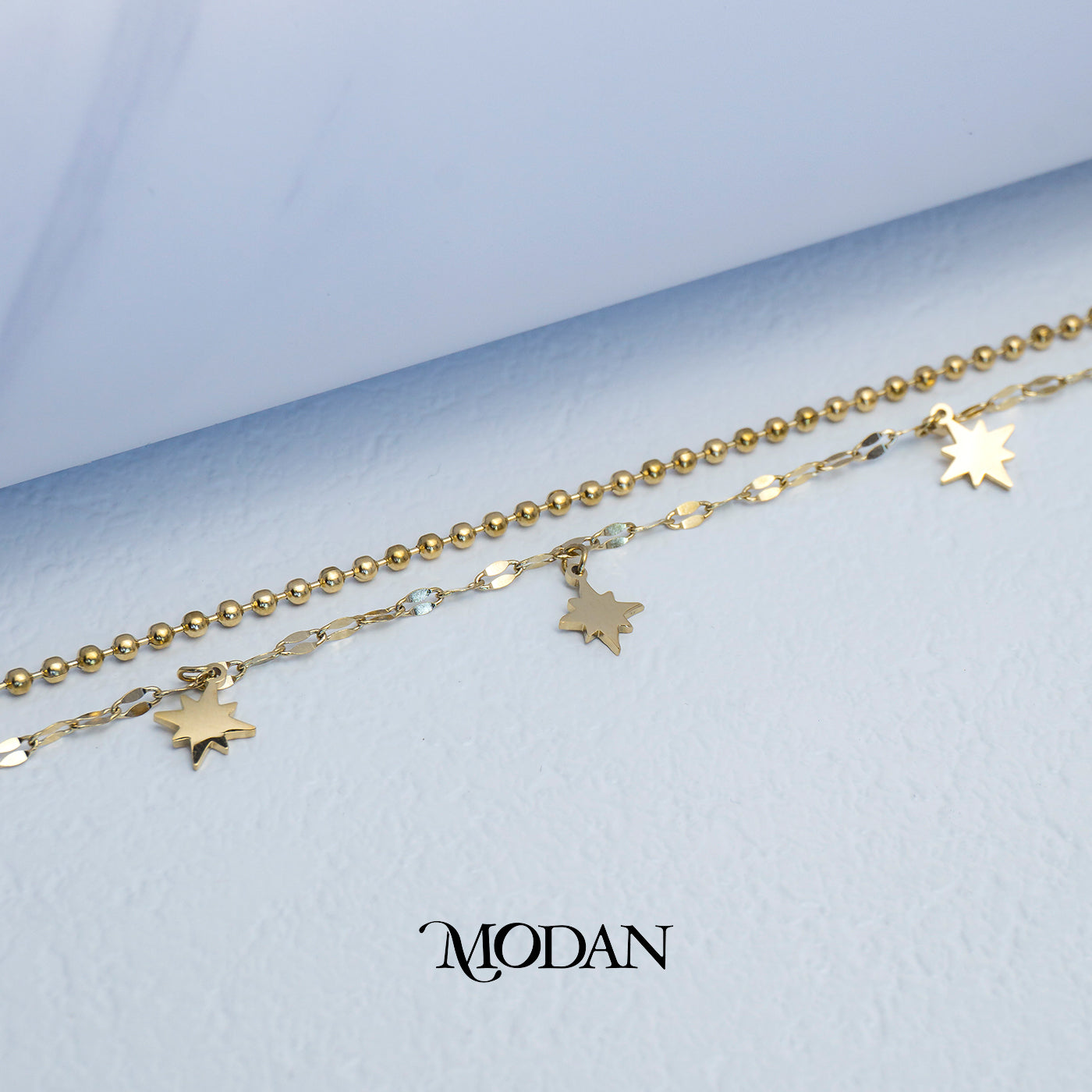 (20cm) Titanium Golden Plain Star Chain Double Layer Anklet Bracelet Gelang Kaki Hypoallergenic Stainless Steel