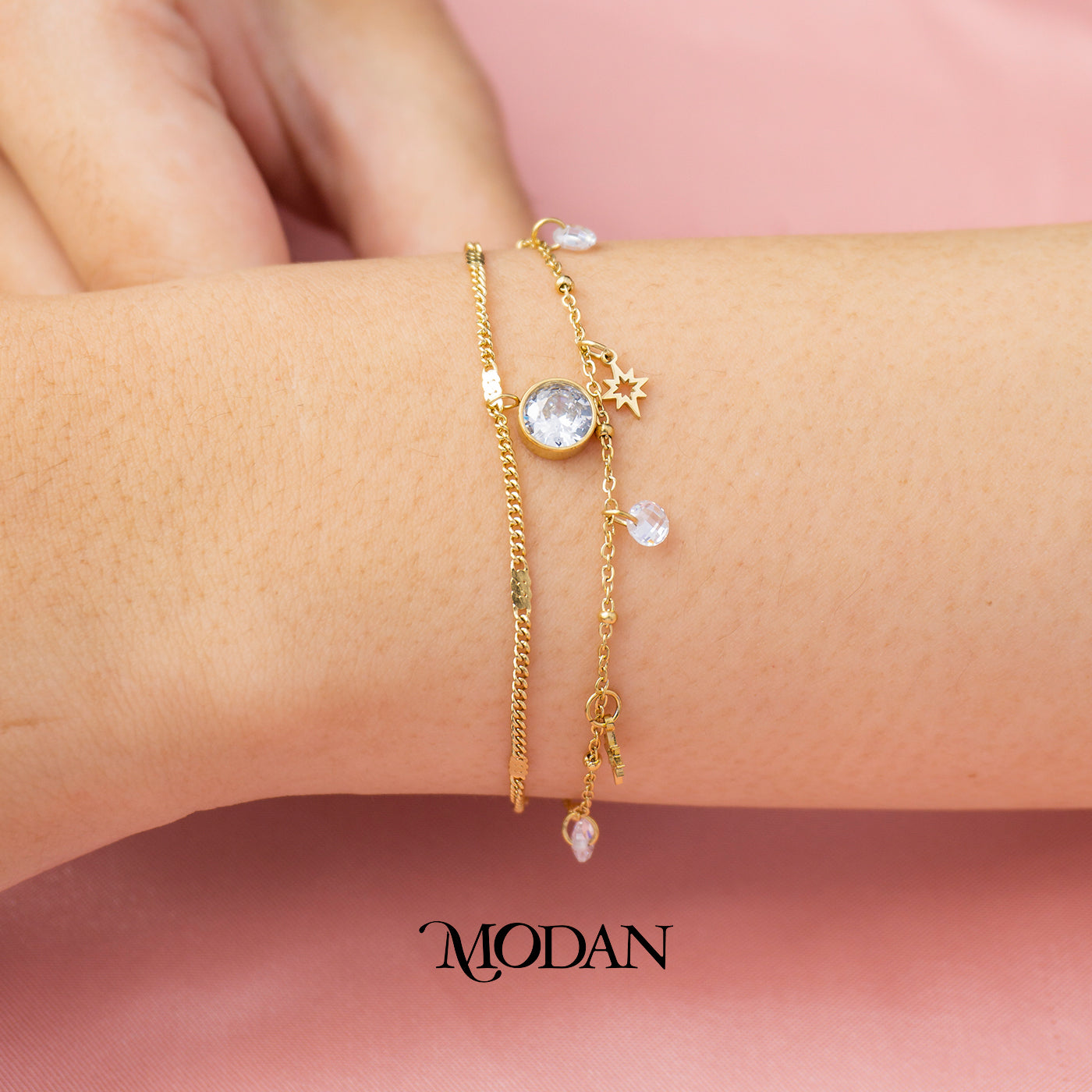 (17cm) Titanium Sparkling Golden Star Chain Double Layer Bracelet Gelang Hypoallergenic Stainless Steel