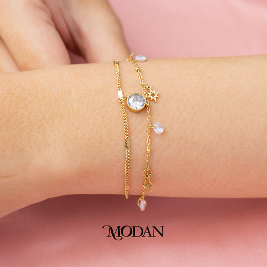 (17cm) Titanium Sparkling Golden Star Chain Double Layer Bracelet Gelang Hypoallergenic Stainless Steel