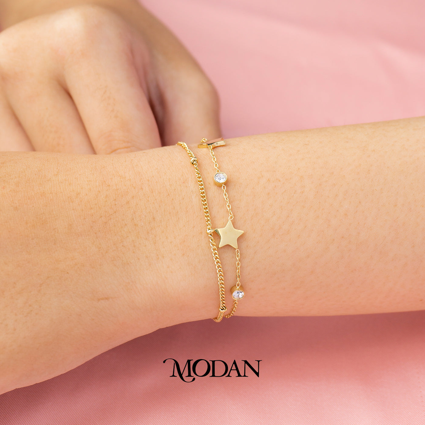 (18cm) Titanium Golden Star Chain Double Layer Bracelet Gelang Hypoallergenic Stainless Steel