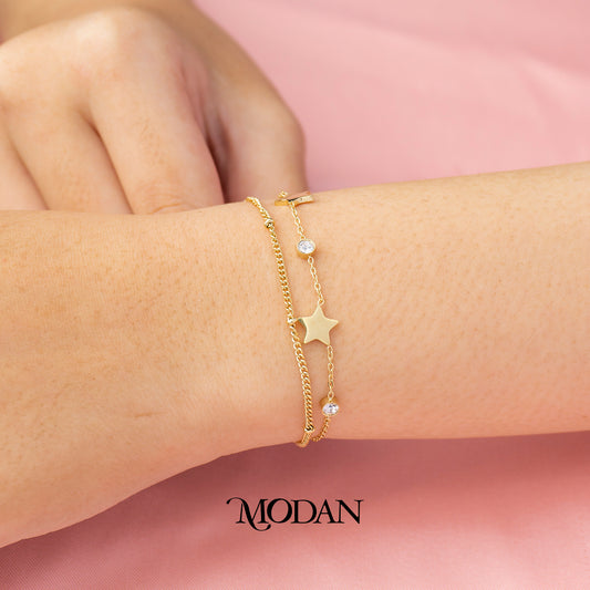 (18cm) Titanium Golden Star Chain Double Layer Bracelet Gelang Hypoallergenic Stainless Steel