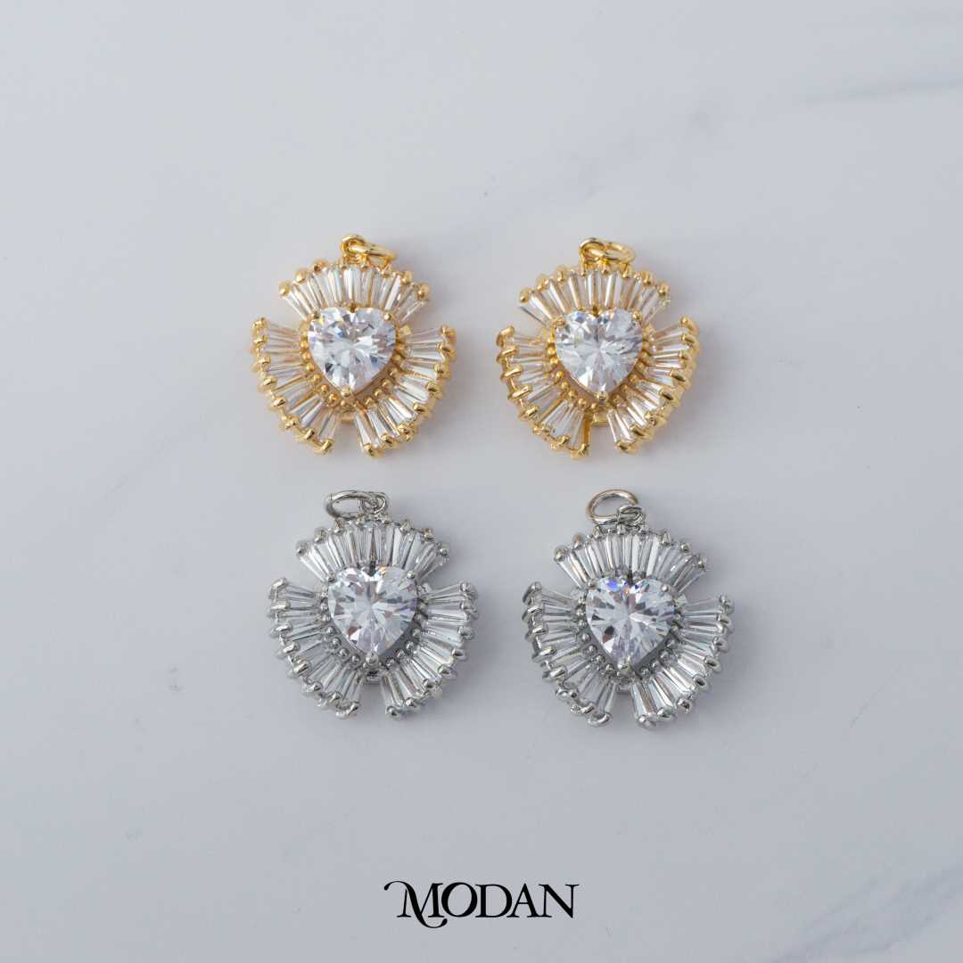 Heart Triple Baguette Lined DIY Charm Liontin Hati Pesta Hypoallergenic Gold Filled