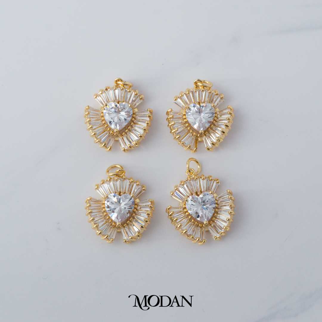 Heart Triple Baguette Lined DIY Charm Liontin Hati Pesta Hypoallergenic Gold Filled