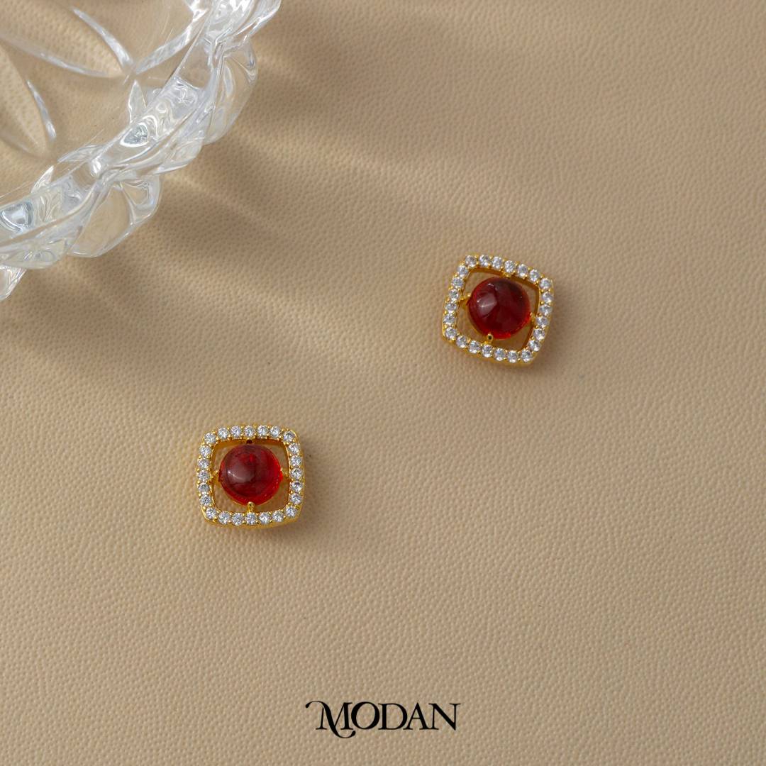 Sparkling Square Green & Red Agate Round Gemstone Earrings Anting Tusuk Batu Alam Hypoallergenic Gold Plated