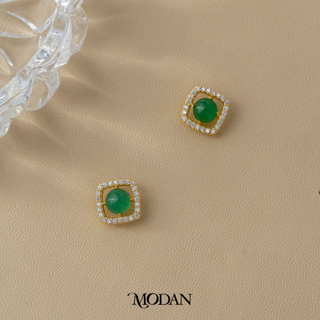 Sparkling Square Green & Red Agate Round Gemstone Earrings Anting Tusuk Batu Alam Hypoallergenic Gold Plated