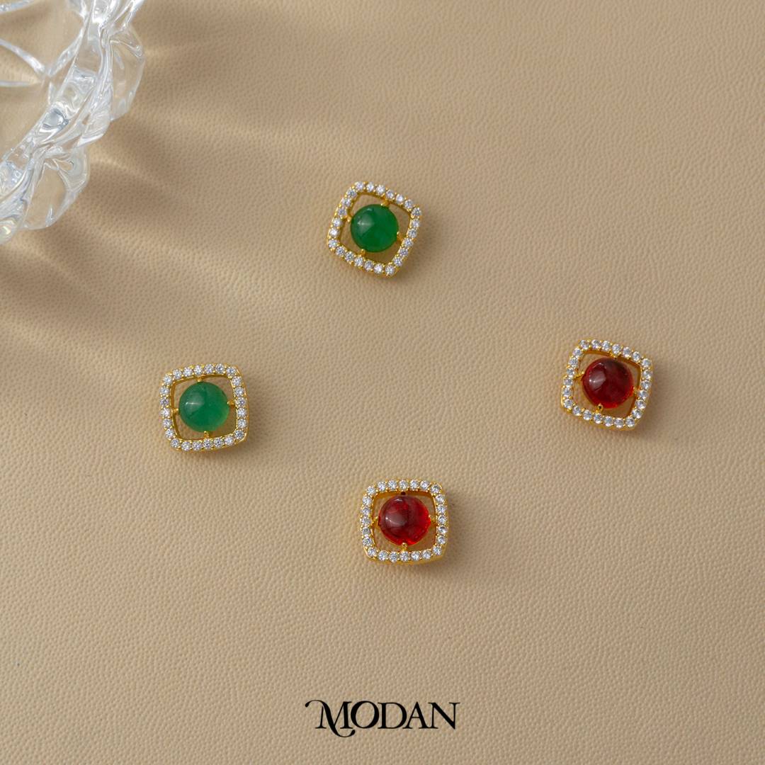 Sparkling Square Green & Red Agate Round Gemstone Earrings Anting Tusuk Batu Alam Hypoallergenic Gold Plated