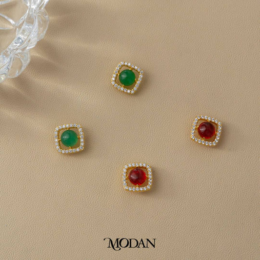 Sparkling Square Green & Red Agate Round Gemstone Earrings Anting Tusuk Batu Alam Hypoallergenic Gold Plated