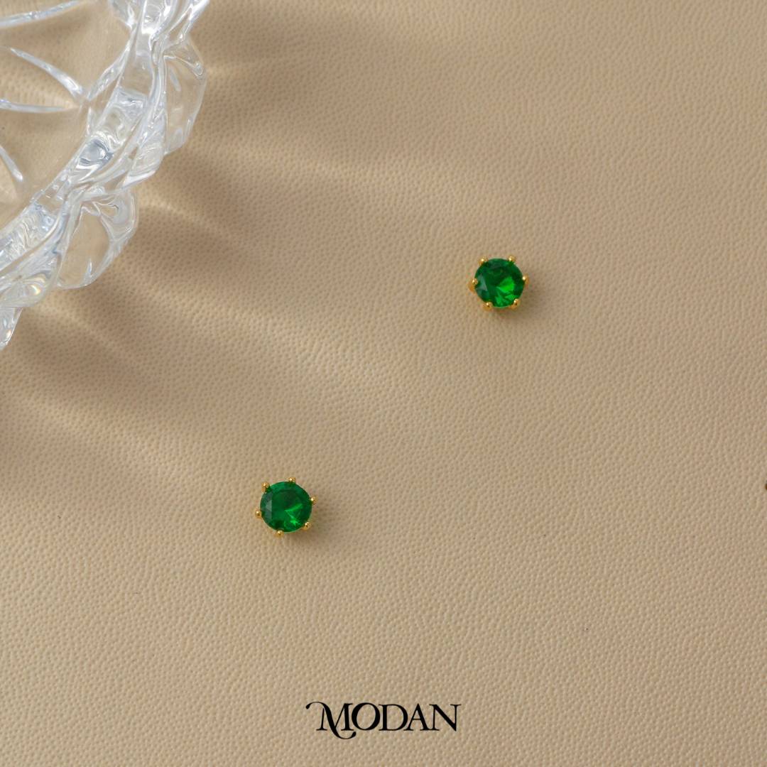 Simple Round Green & Red Agate Zirconia Stud Earrings Anting Tusuk Hypoallergenic Gold Plated