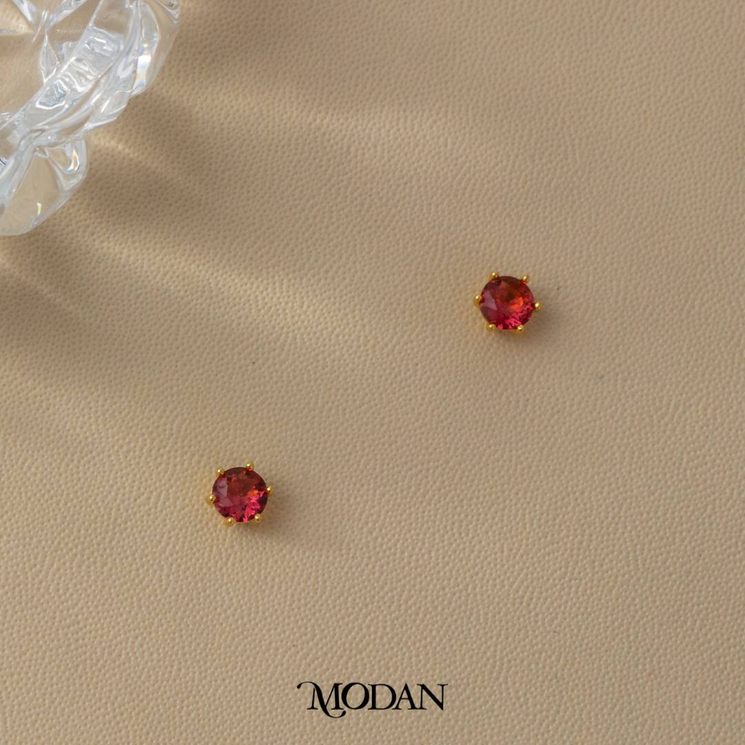 Simple Round Green & Red Agate Zirconia Stud Earrings Anting Tusuk Hypoallergenic Gold Plated