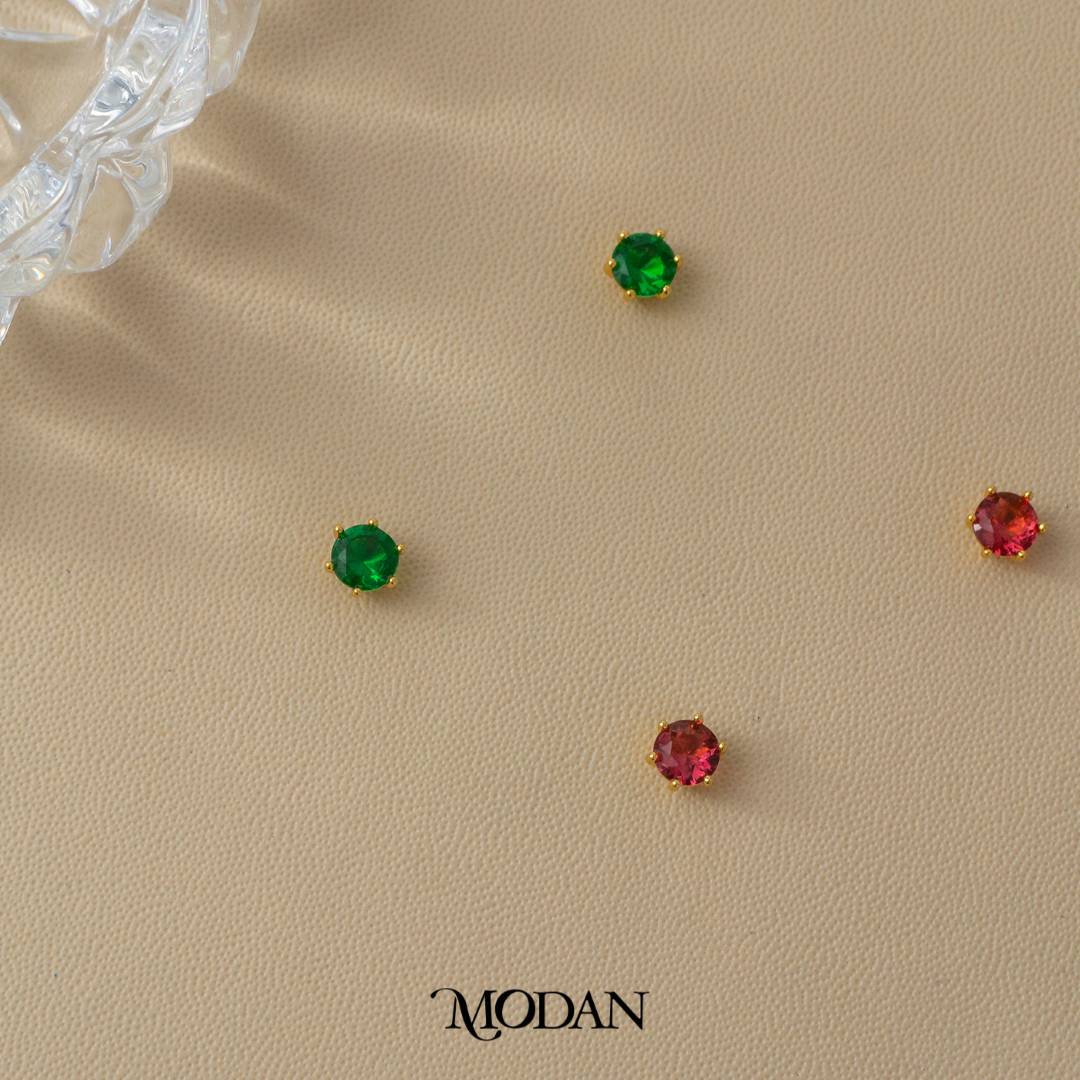 Simple Round Green & Red Agate Zirconia Stud Earrings Anting Tusuk Hypoallergenic Gold Plated