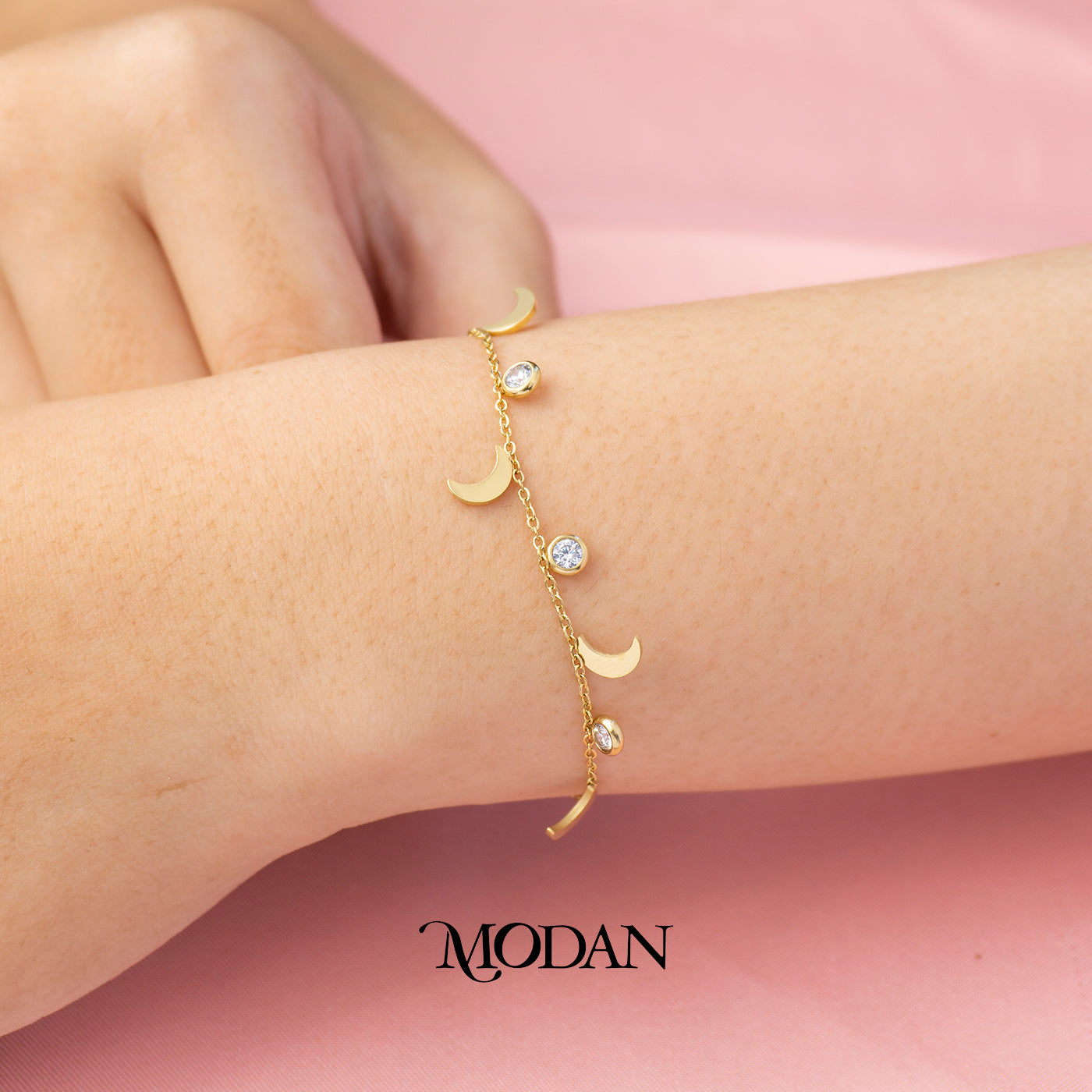 (18cm) Titanium Golden Celestial Moon Charm Dainty Bracelet Gelang Bulan Hypoallergenic Stainless Steel