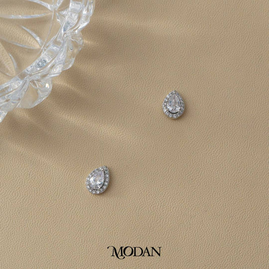 (9mm) Micro Paved Clear Zirconia Simple Teardrop Stud Earrings Anting Tusuk Tetes Air Mata Hypoallergenic Gold Plated