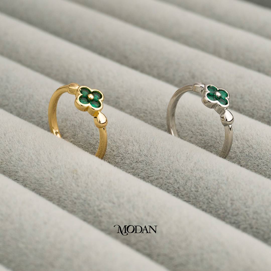 Minimalist Emerald Green Clover Ring Cincin Daun Semanggi Hijau Minimalis Hypoallergenic Gold Plated