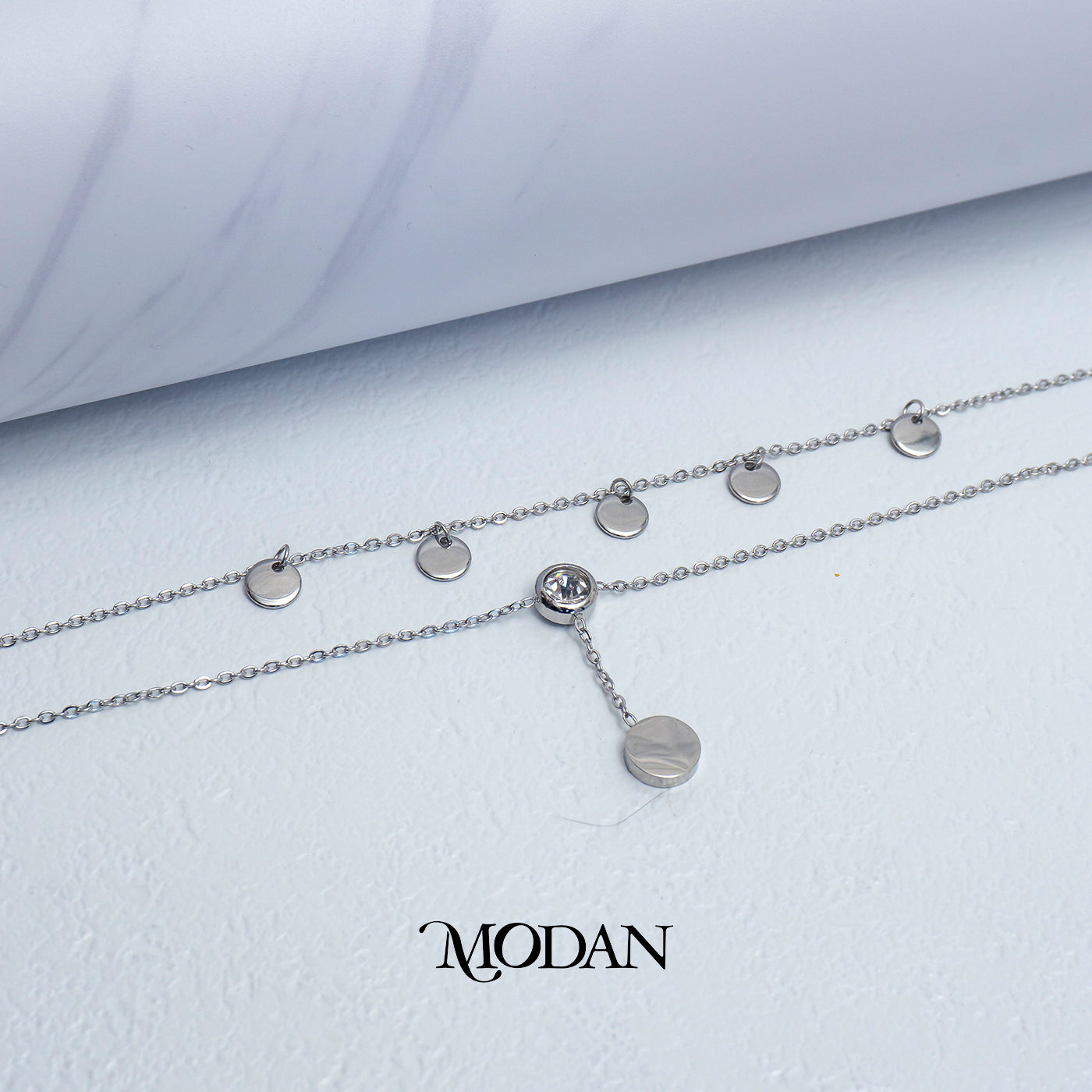 (23cm) Titanium Silver Geometric Circle MOP Double Layer Anklet Bracelet Gelang Kaki Hypoallergenic Stainless Steel