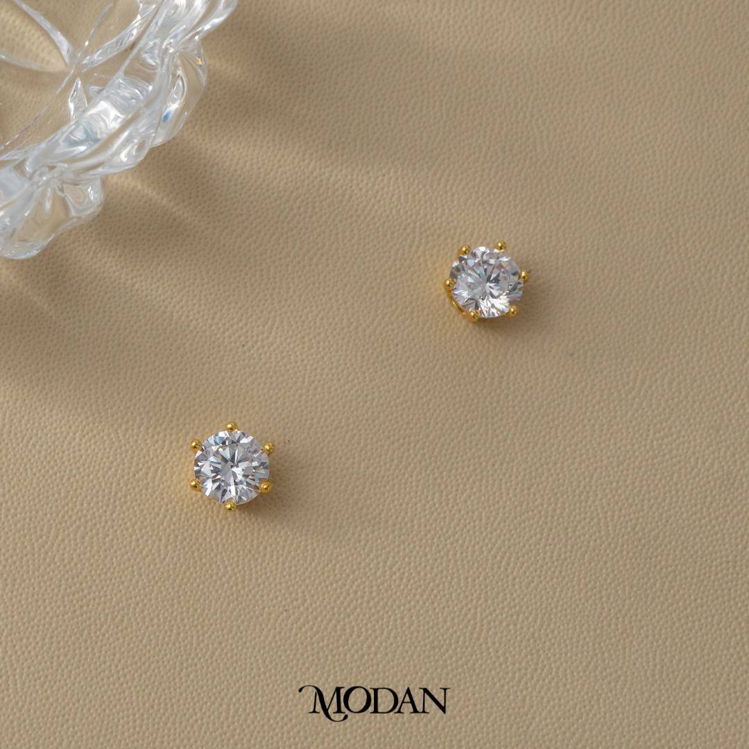 (7mm) Sparkling Moissanite Solitaire Mini Stud Earrings Anting Tusuk Bulat Mata Satu Hypoallergenic Gold Plated