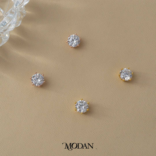 (7mm) Sparkling Moissanite Solitaire Mini Stud Earrings Anting Tusuk Bulat Mata Satu Hypoallergenic Gold Plated