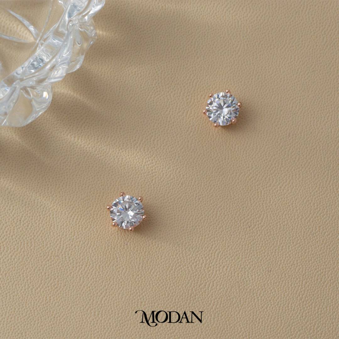 (7mm) Sparkling Moissanite Solitaire Mini Stud Earrings Anting Tusuk Bulat Mata Satu Hypoallergenic Gold Plated