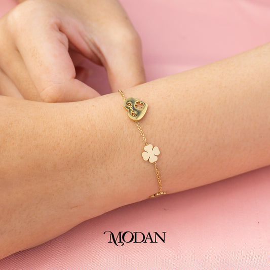 (16cm) Titanium Golden Love Heart Leaf Clover Bracelet Gelang Rantai Hypoallergenic Stainless Steel