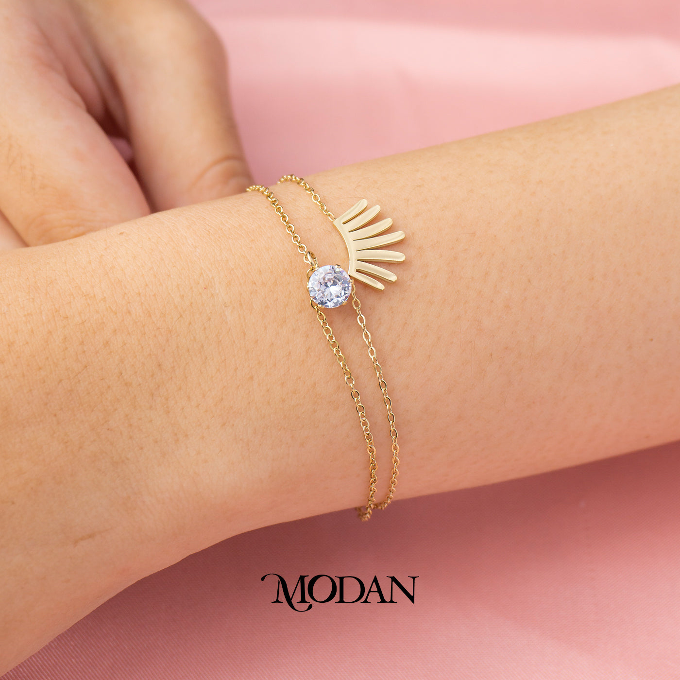 (18cm) Titanium Golden Sunrays Pattern Double Layer Dainty Bracelet Gelang Klasik Hypoallergenic Stainless Steel