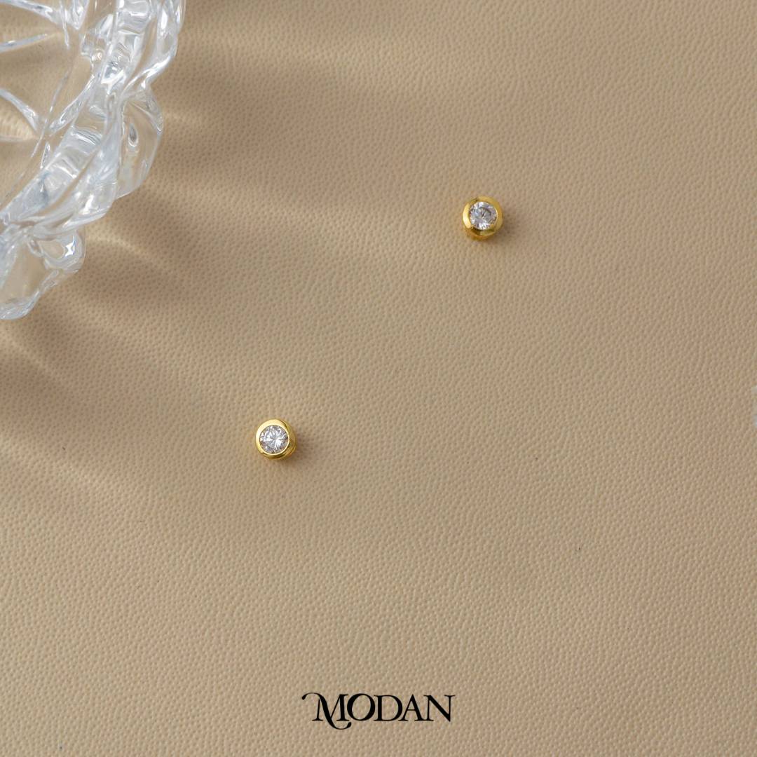 (3mm) Sparkling Moissanite Bezel Stud Earrings Anting Tusuk Bulat Kecil Hypoallergenic Gold Plated