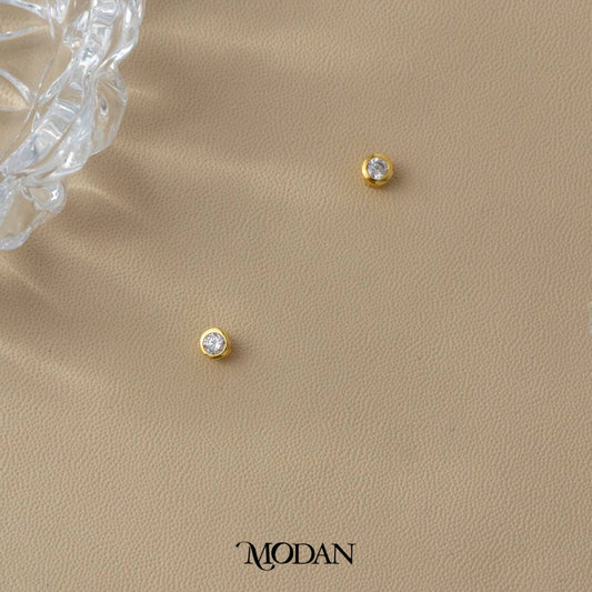 (3mm) Sparkling Moissanite Bezel Stud Earrings Anting Tusuk Bulat Kecil Hypoallergenic Gold Plated