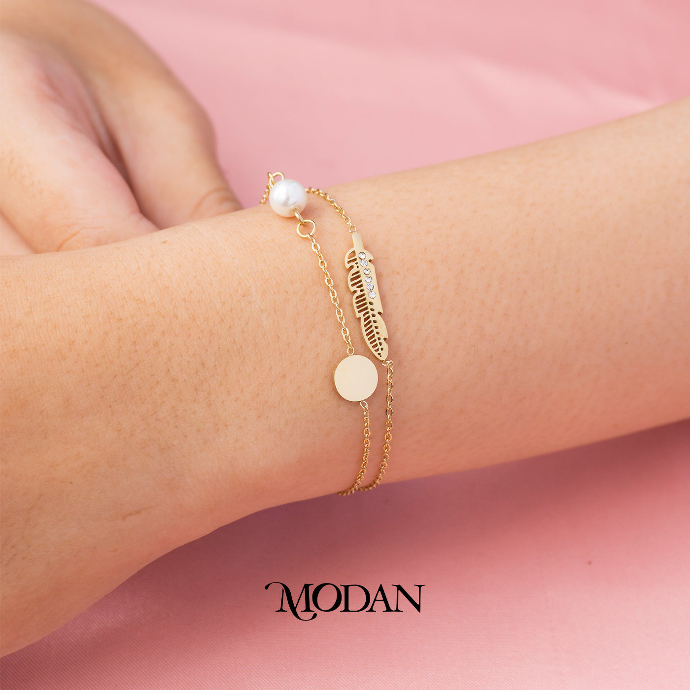(20cm) Titanium Shell Pearl Plain Leaf Double Layer Anklet Bracelet Gelang Kaki Hypoallergenic Stainless Steel