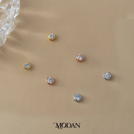 (6mm) Sparkling Moissanite Bezel Stud Earrings Anting Tusuk Bulat Kecil Hypoallergenic Gold Plated