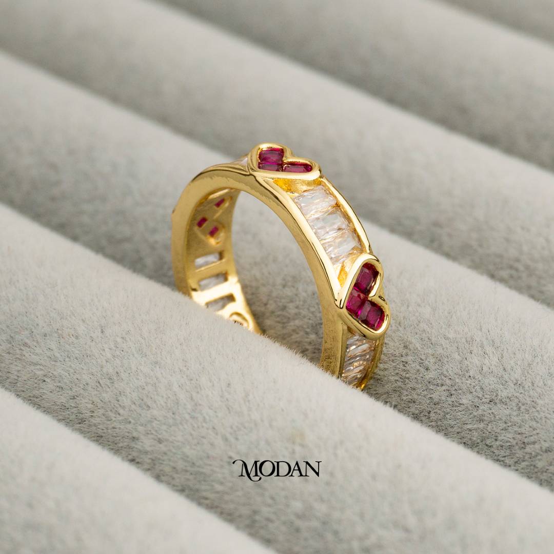 Romantic Ruby Red Twin Heart Ring Cincin Hati Merah Rubi Hypoallergenic Gold Plated