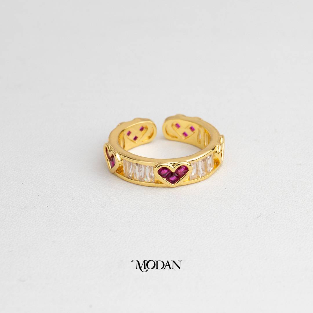 Romantic Ruby Red Twin Heart Ring Cincin Hati Merah Rubi Hypoallergenic Gold Plated