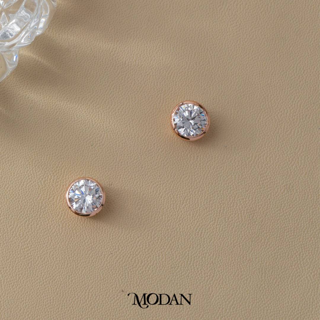 (8mm) Sparkling Moissanite Bezel Stud Earrings Anting Tusuk Bulat Kecil Hypoallergenic Gold Plated