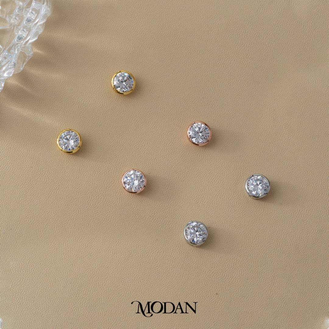 (8mm) Sparkling Moissanite Bezel Stud Earrings Anting Tusuk Bulat Kecil Hypoallergenic Gold Plated