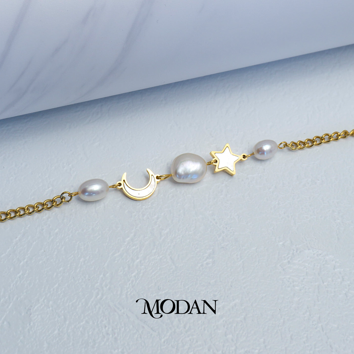 (18cm) Titanium Golden MOP Celestial Moon and Star with Freshwater Pearl Chain Bracelet Gelang Klasik Hypoallergenic Stainless Steel