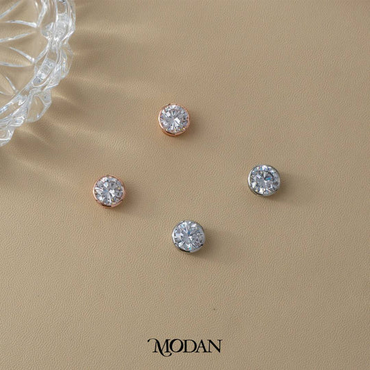 (9mm) Sparkling Moissanite Bezel Stud Earrings Anting Tusuk Bulat Kecil Hypoallergenic Gold Plated