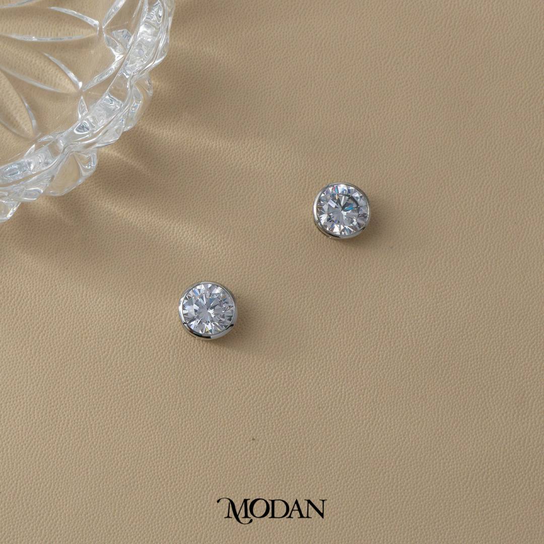 (9mm) Sparkling Moissanite Bezel Stud Earrings Anting Tusuk Bulat Kecil Hypoallergenic Gold Plated