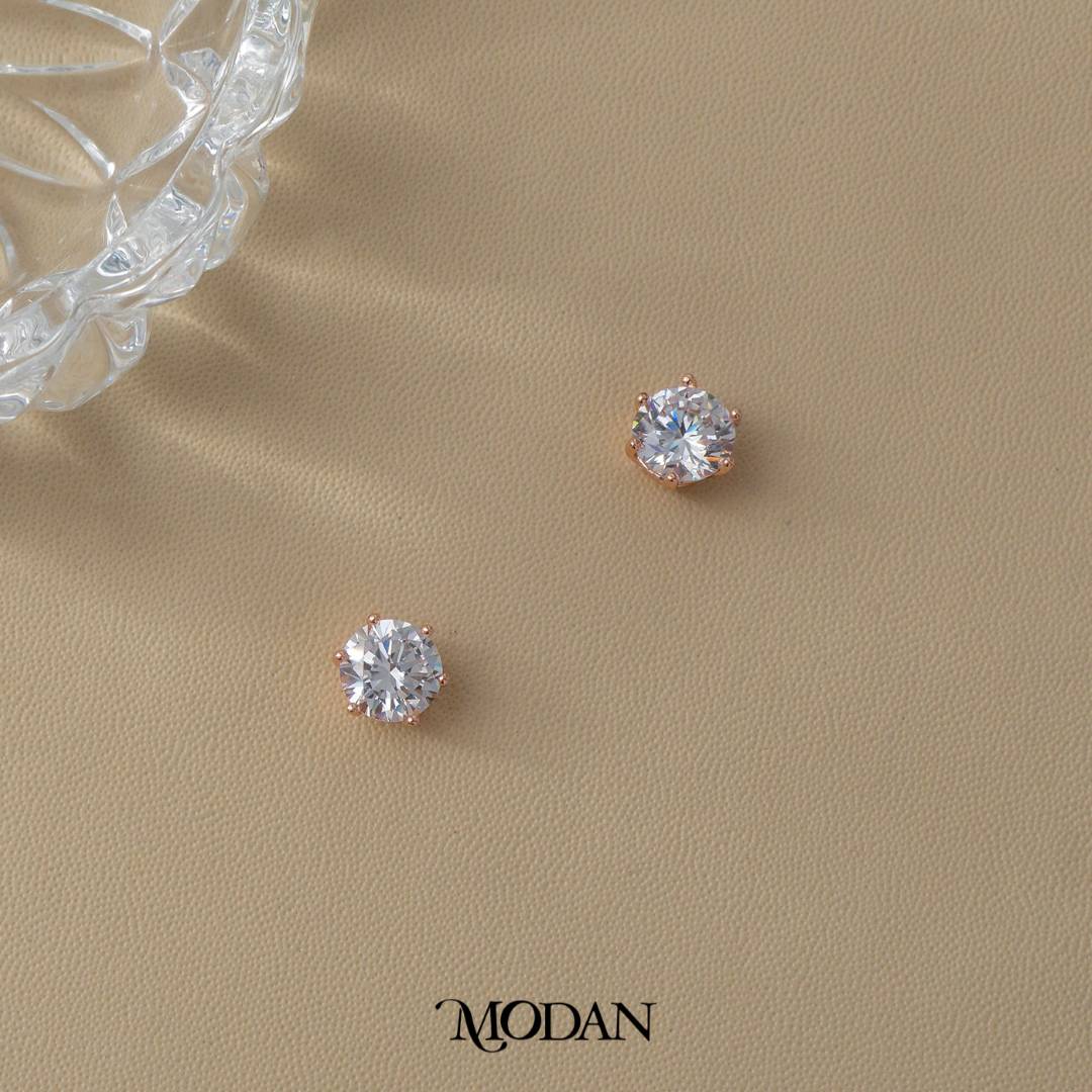 (8mm) Sparkling Moissanite Solitaire Mini Stud Earrings Anting Tusuk Bulat Mata Satu Hypoallergenic Gold Plated