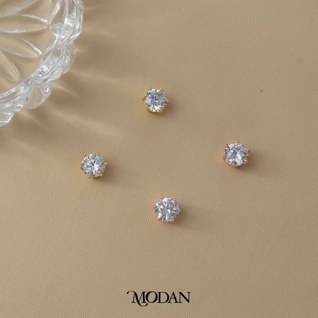 (8mm) Sparkling Moissanite Solitaire Mini Stud Earrings Anting Tusuk Bulat Mata Satu Hypoallergenic Gold Plated