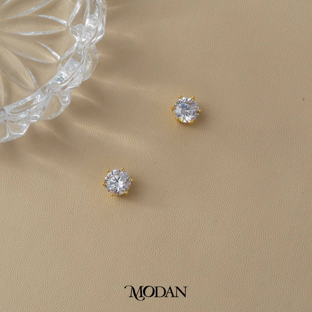 (8mm) Sparkling Moissanite Solitaire Mini Stud Earrings Anting Tusuk Bulat Mata Satu Hypoallergenic Gold Plated