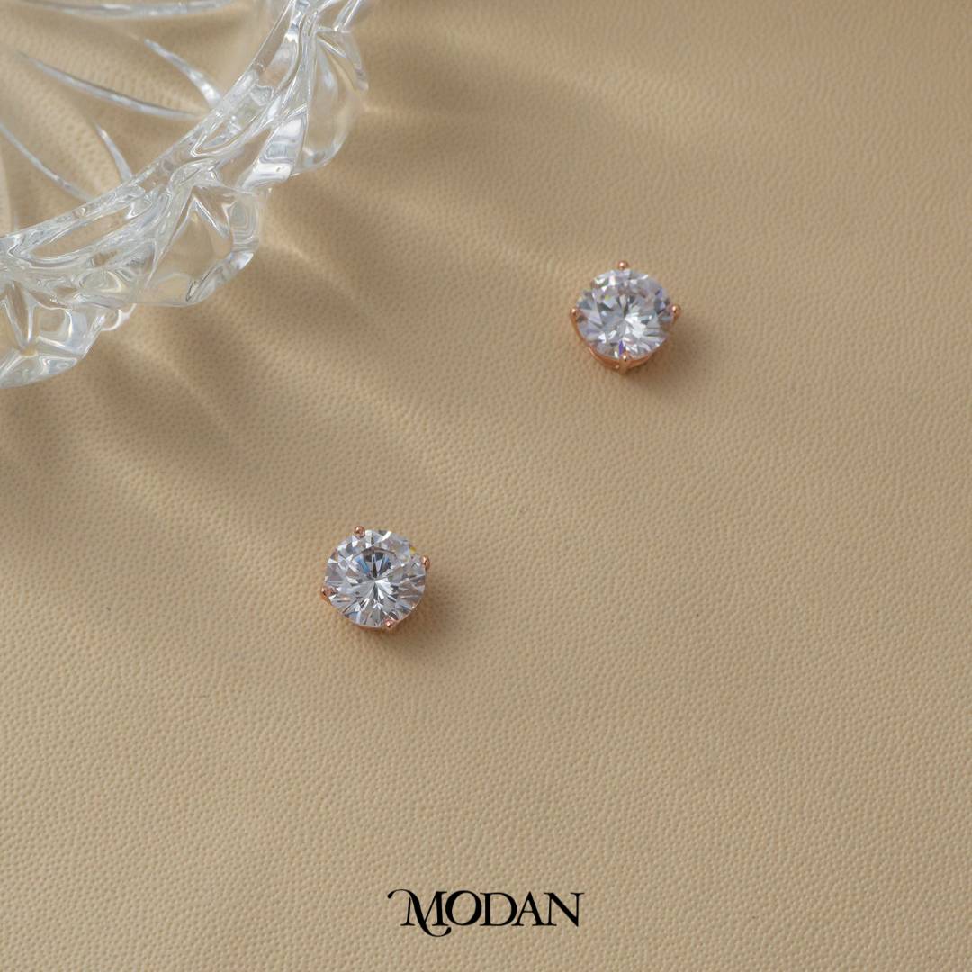 (8mm) Sparkling Solitaire Mini Stud Earrings Anting Tusuk Bulat Mata Satu Hypoallergenic Gold Plated