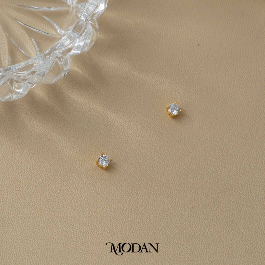 (4mm) Sparkling Solitaire Mini Stud Earrings Anting Tusuk Bulat Mata Satu Hypoallergenic Gold Plated