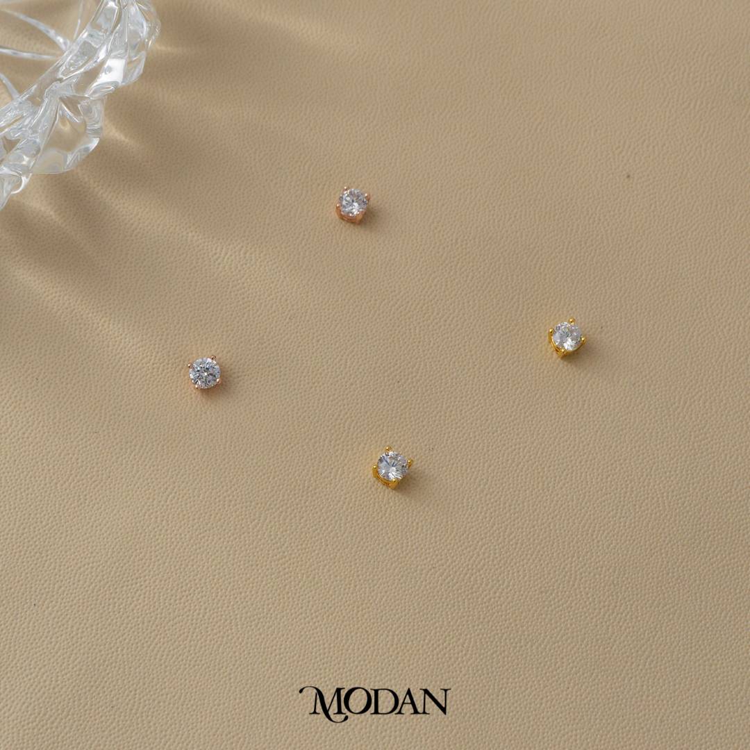 (4mm) Sparkling Solitaire Mini Stud Earrings Anting Tusuk Bulat Mata Satu Hypoallergenic Gold Plated