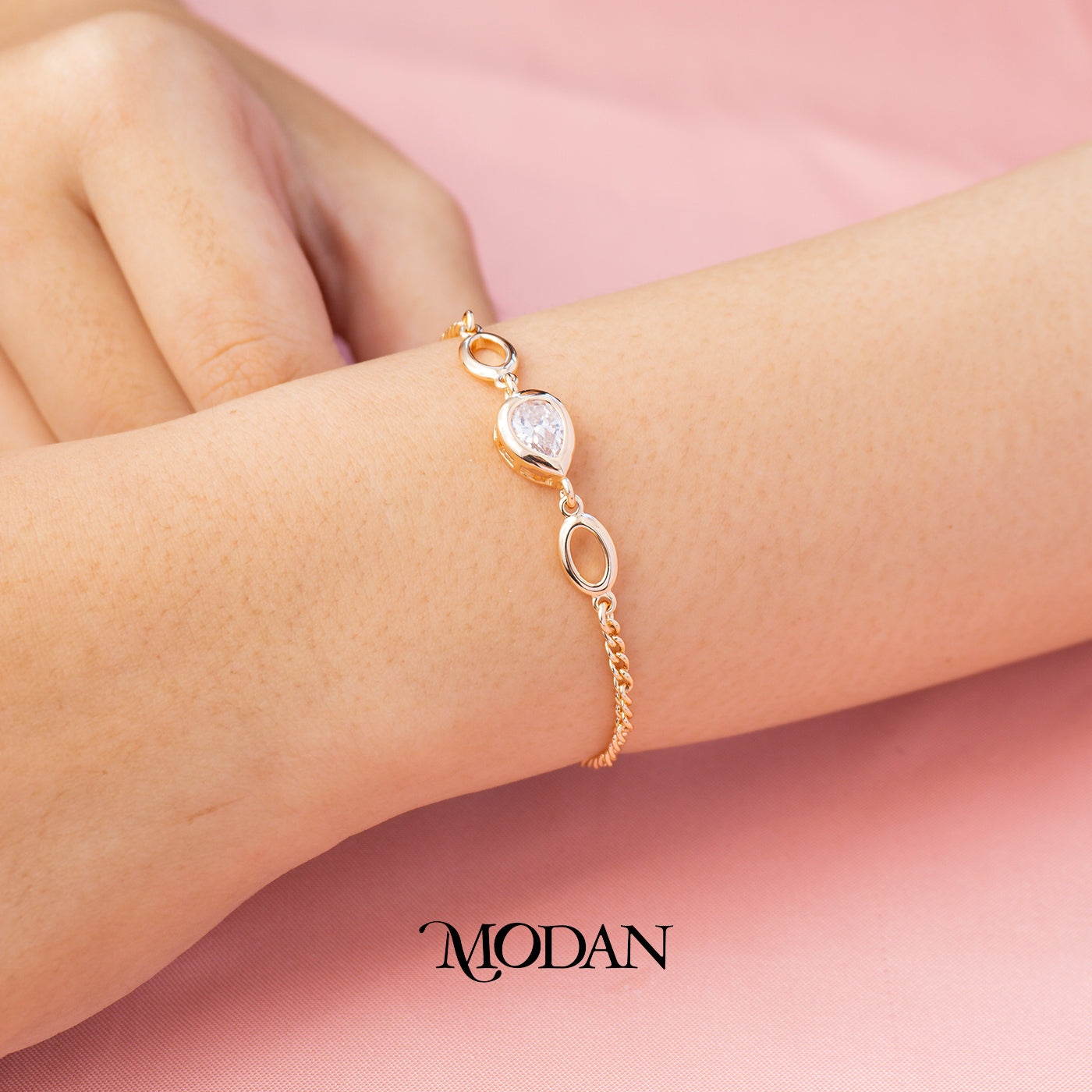 (17cm) Titanium Rosegold Bezel Set Oval Link Chain Bracelet Gelang Hypoallergenic Stainless Steel