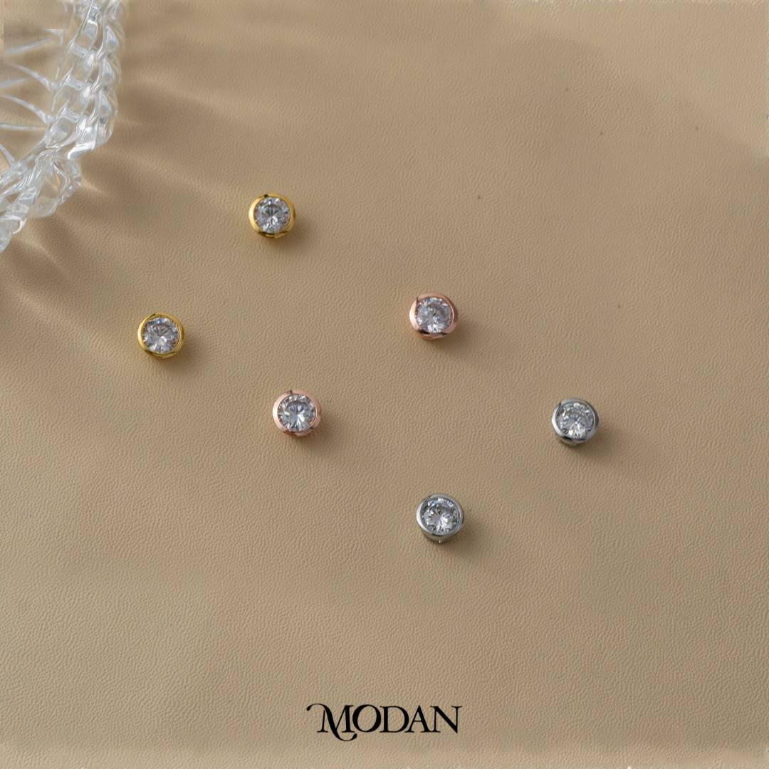 (7mm) Sparkling Moissanite Bezel Stud Earrings Anting Tusuk Bulat Kecil Hypoallergenic Gold Plated
