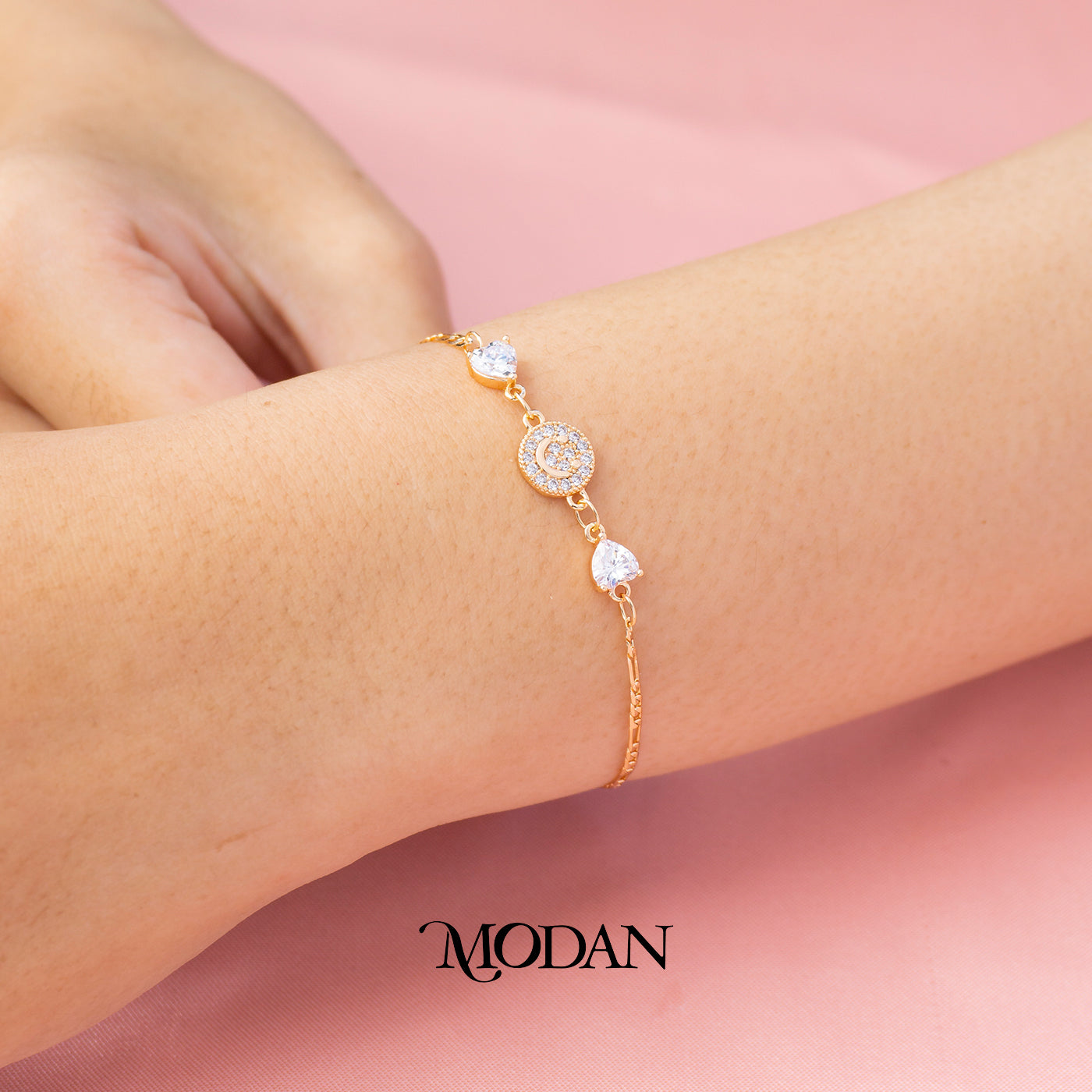 (15.5cm) Titanium Rosegold Micro Paved Heart Smiley Face Figaro Chain Bracelet Gelang Hypoallergenic Stainless Steel