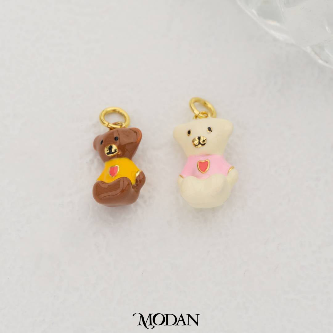 White & Brown Sitting Teddy Bear with Heart Shirt Enamel DIY Pendant Liontin Beruang Duduk Hypoallergenic Gold Filled