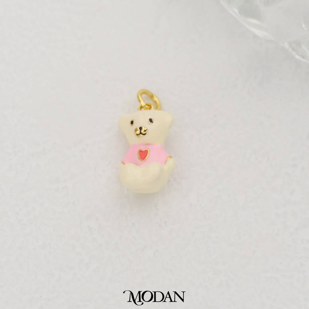 White & Brown Sitting Teddy Bear with Heart Shirt Enamel DIY Pendant Liontin Beruang Duduk Hypoallergenic Gold Filled