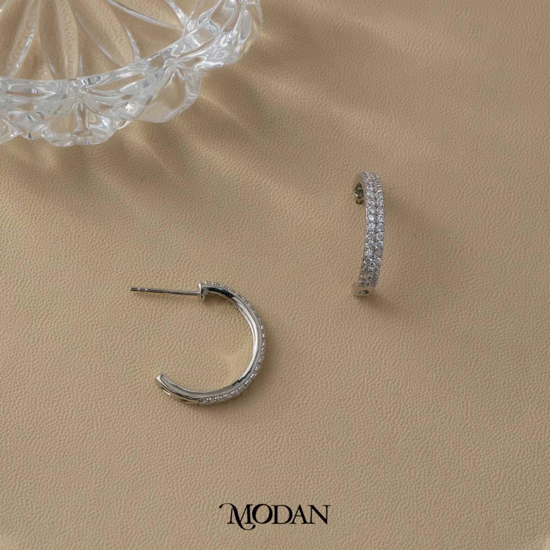 Double Rows Micro Paved C Hoop Earrings Anting Bulat  Hypoallergenic Gold Plated