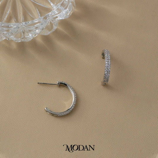 Double Rows Micro Paved C Hoop Earrings Anting Bulat  Hypoallergenic Gold Plated