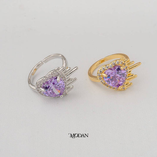Halo Purple Heart Cocktail Adjustable Ring Cincin Hati Ungu Hypoallergenic Gold Plated