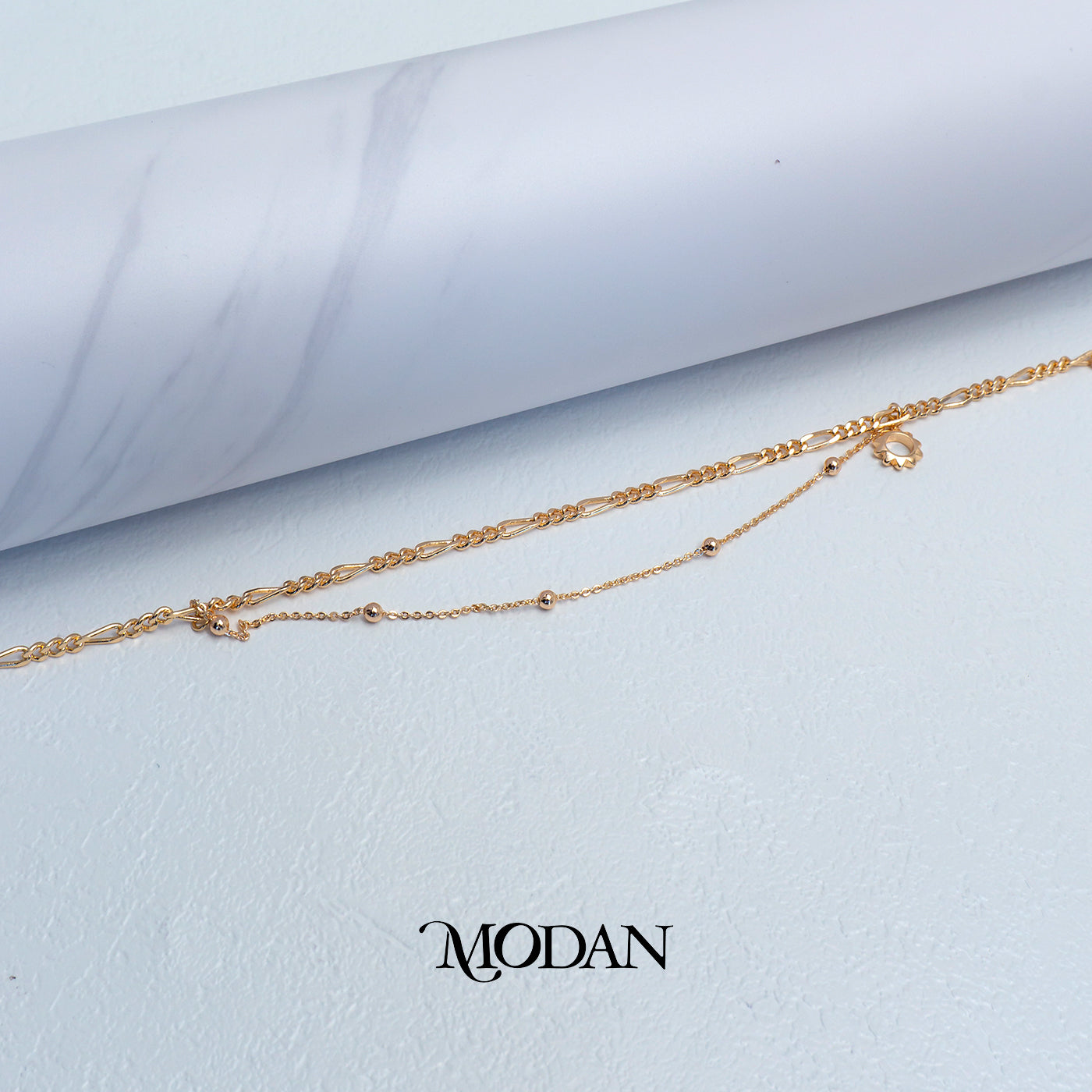 (22cm) Titanium Golden Double Layer Sun Anklet Bracelet Gelang Kaki Hypoallergenic Stainless Steel