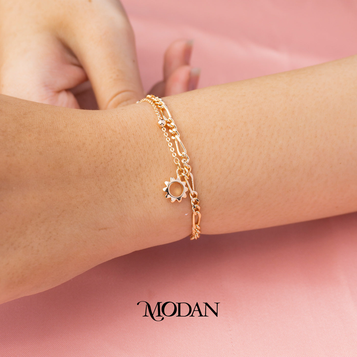 (22cm) Titanium Golden Double Layer Sun Anklet Bracelet Gelang Kaki Hypoallergenic Stainless Steel